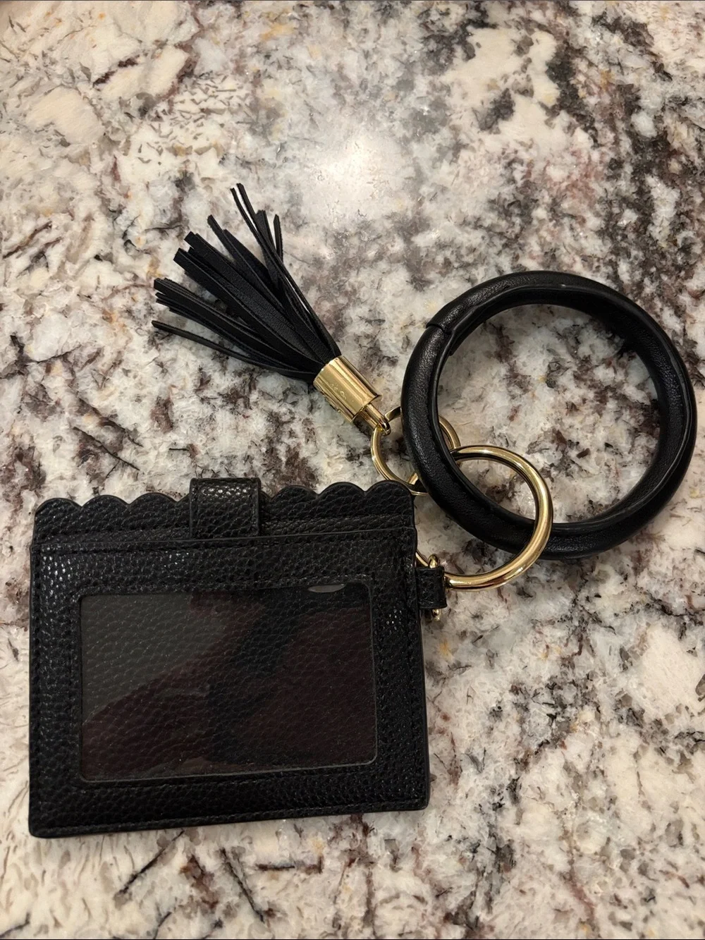 Nanette Lepore Black Leather Scalloped Card Holder with Wristlet Keyring